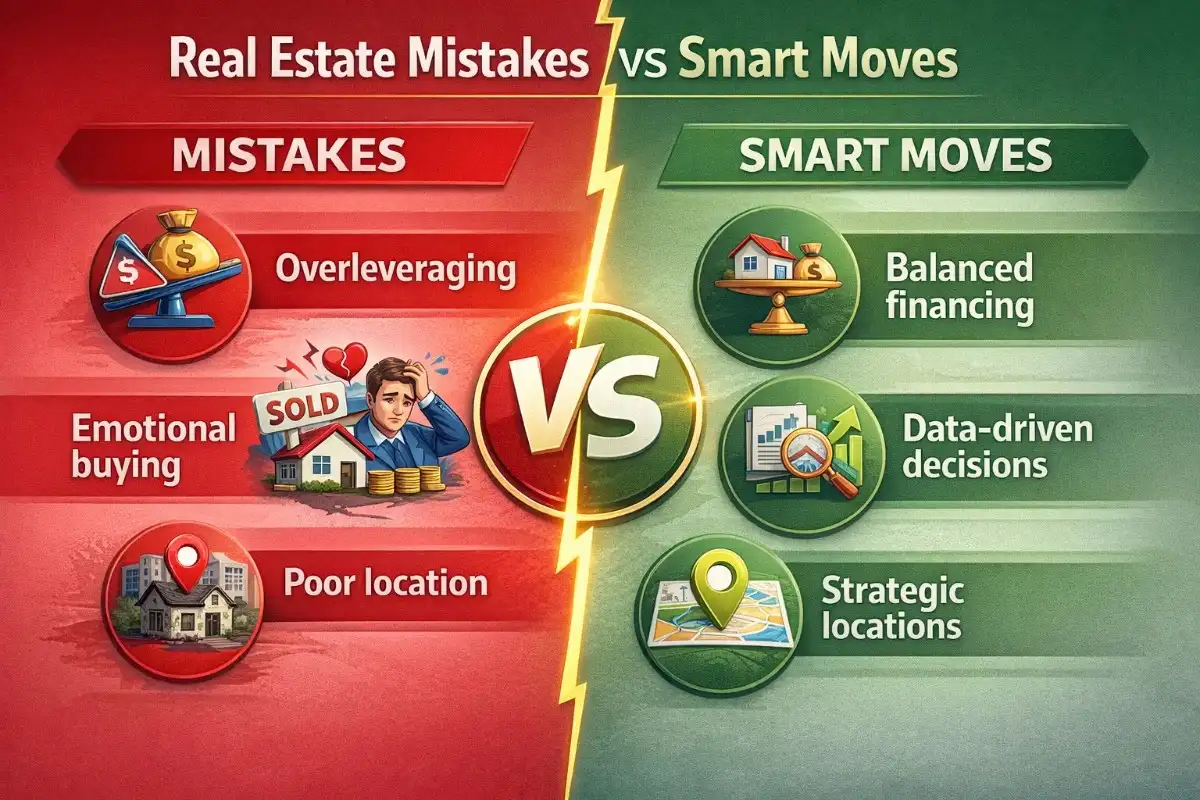 Infographic comparing common real estate investment mistakes against smart, data-driven moves, as recommended by Pedro Vaz Paulo Real Estate Investment.