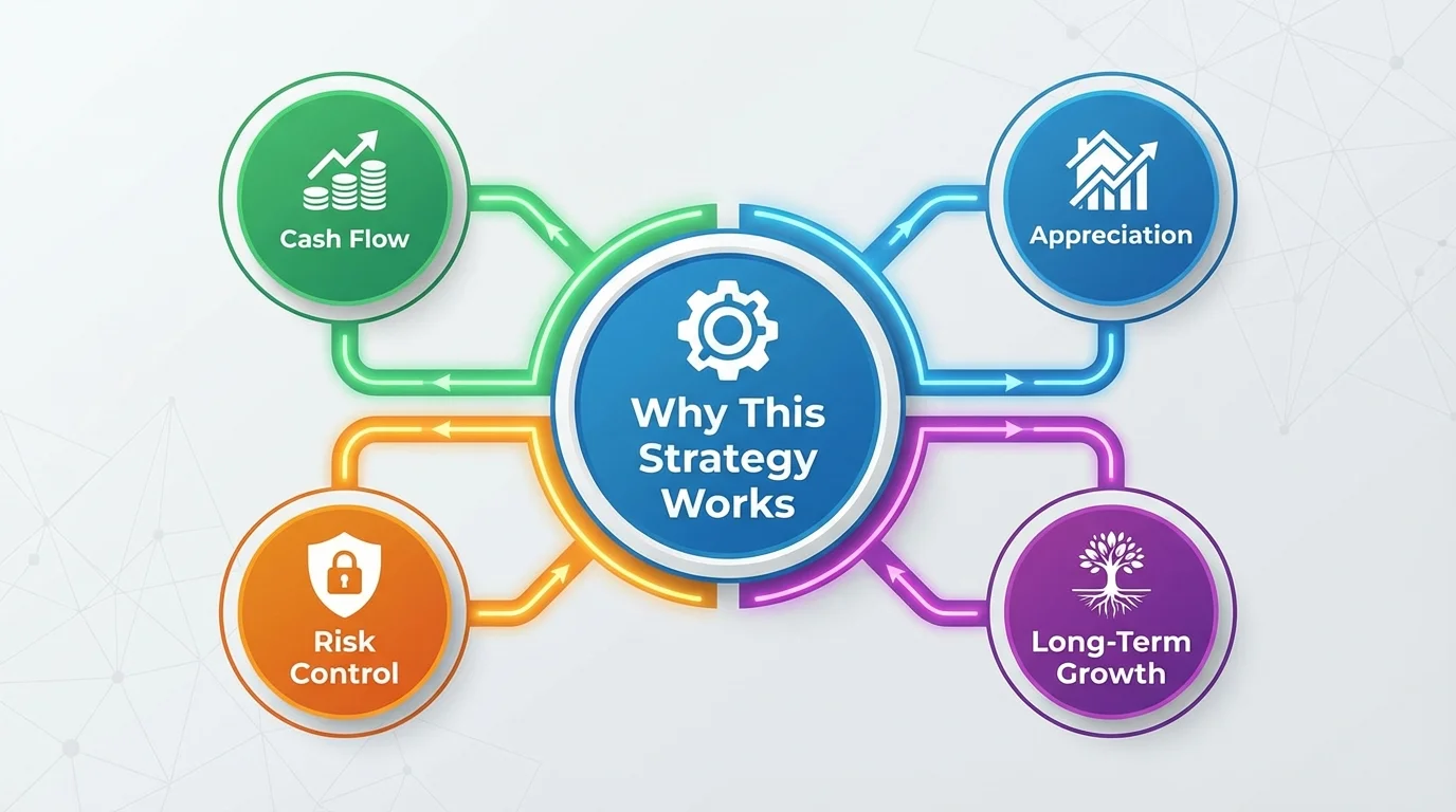 An infographic illustrating the four pillars of real estate success—cash flow, appreciation, risk control, and long-term growth—as defined by Pedro Vaz Paulo Real Estate Investment.