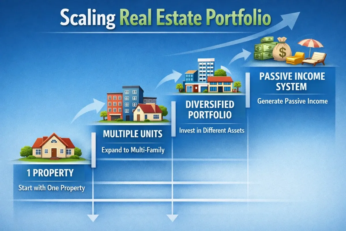 An infographic showing the growth stages of a real estate portfolio, from starting with one property to building a diversified passive income system, inspired by Pedro Vaz Paulo Real Estate Investment methods.