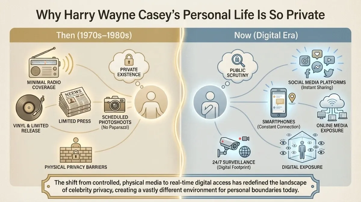 A comparative infographic titled "Why Harry Wayne Casey wife Personal Life Is So Private," contrasting the controlled physical media of the 1970s with the high-exposure digital era of today to explain his lack of public marriage records.