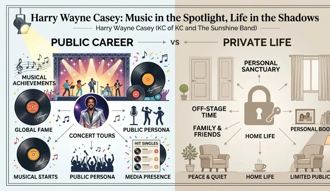 A comparative infographic titled "Music in the Spotlight, Life in the Shadows," showing Harry Wayne Casey wife public musical achievements vs. his private home life, illustrating why there is no public record of a wife.