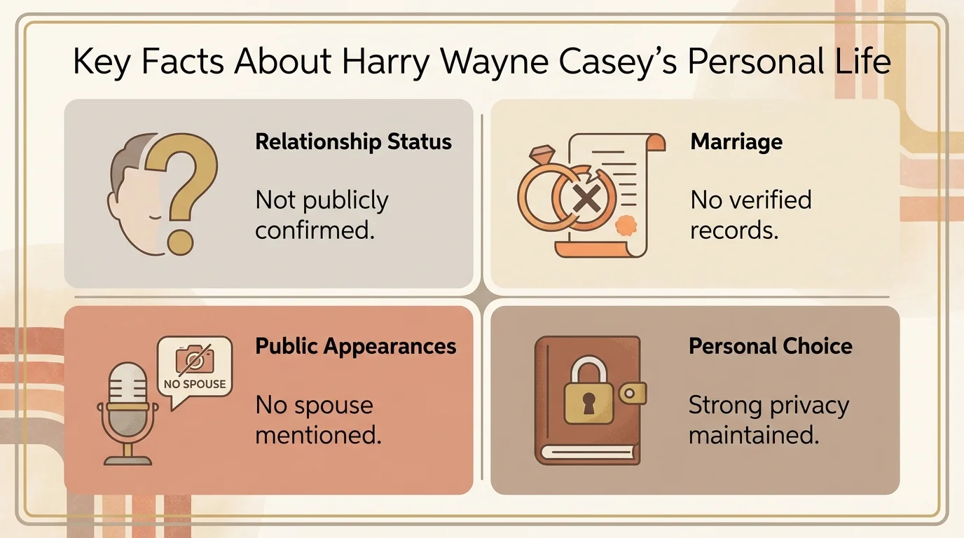 A 4-panel infographic detailing key facts about Harry Wayne Casey wife personal life, confirming he has no publicly verified marriage records or spouse.