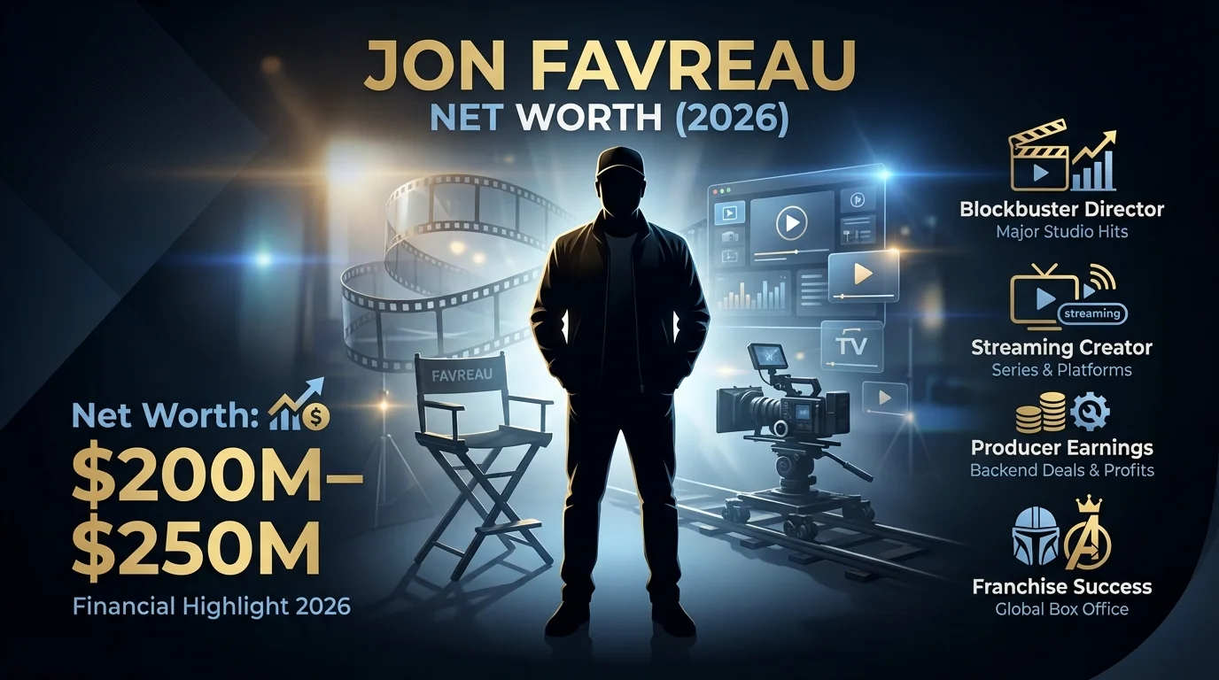 An infographic detailing Jon Favreau net worth in 2026, ranging from $200M to $250M, highlighting his earnings as a blockbuster director, streaming creator, and producer.