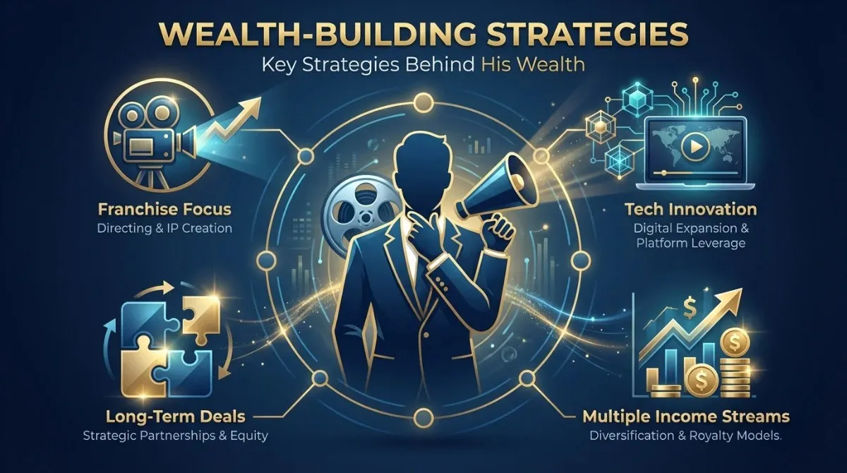 infographic titled "Wealth-Building Strategies" outlining the four pillars of Jon Favreau net worth: Franchise Focus, Tech Innovation, Long-Term Deals, and Multiple Income Streams.