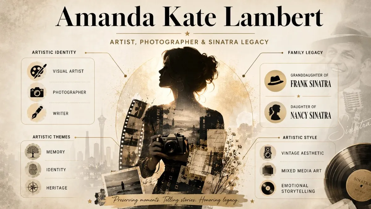 A biographical infographic of Amanda Kate Lambert highlighting her roles as a visual artist, photographer, and writer, as well as her heritage as the granddaughter of Frank Sinatra and daughter of Nancy Sinatra.