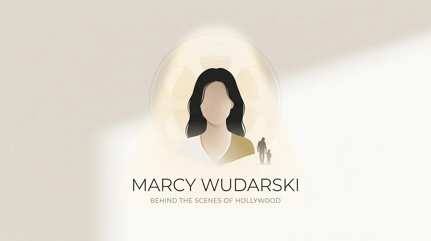 Illustrated portrait of Marcy Wudarski with the tagline "Behind the Scenes of Hollywood," featuring a faceless female silhouette and a parent-child silhouette in the background.