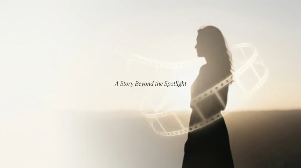 Silhouette of a woman wrapped in a glowing film reel against a soft, hazy background with the text "A Story Beyond the Spotlight," symbolizing Marcy Wudarski's life away from Hollywood fame.