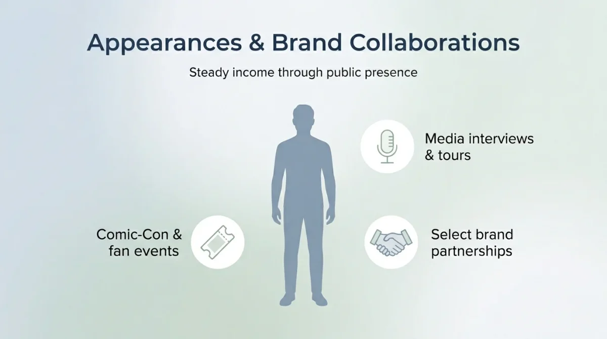 Infographic showing Jon Heder's income streams from public appearances and brand collaborations, including media interviews and tours, Comic-Con and fan events, and select brand partnerships.