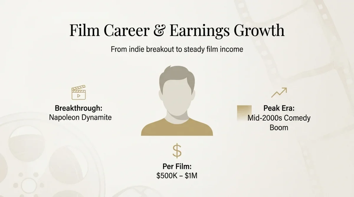 Infographic illustrating Jon Heder film career and earnings growth, highlighting his breakthrough in Napoleon Dynamite, peak era during the mid-2000s comedy boom, and per-film earnings estimated between $500K and $1M.