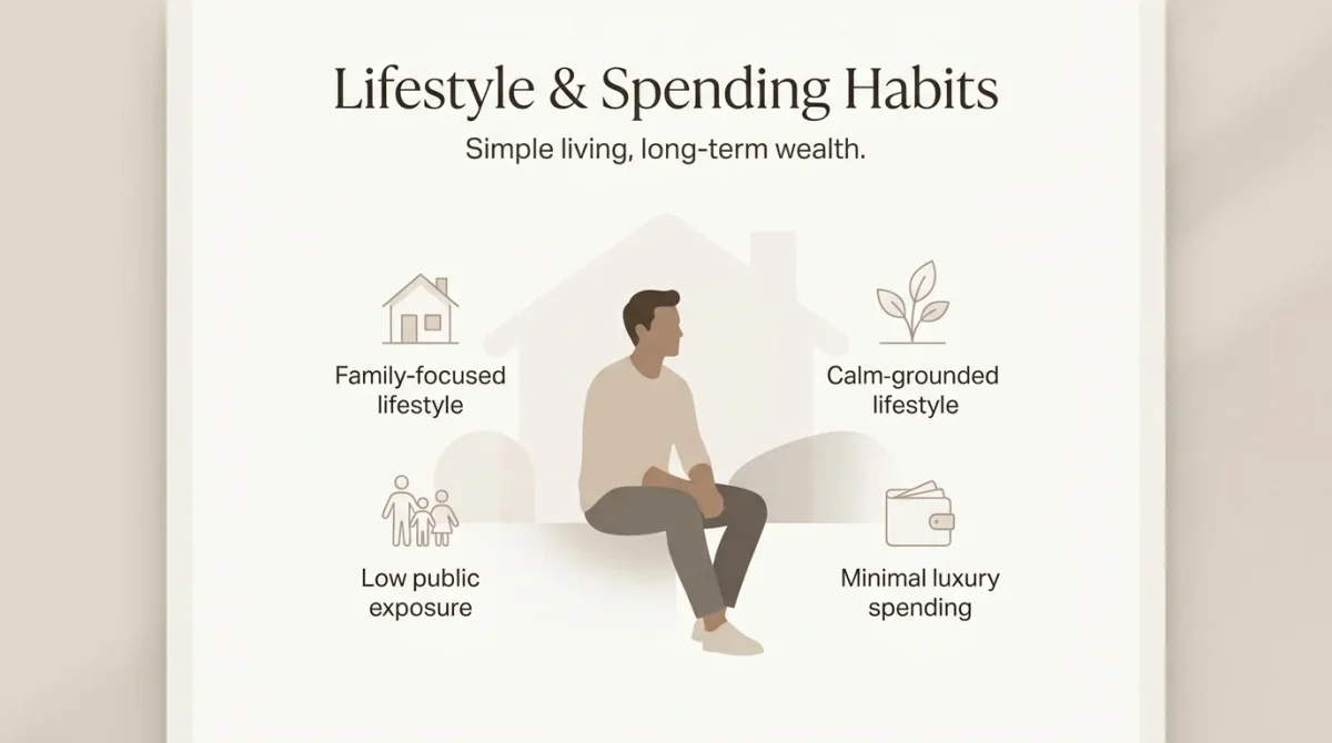 Infographic illustrating Jon Heder lifestyle and spending habits, featuring four key traits: family-focused lifestyle, calm and grounded living, low public exposure, and minimal luxury spending.