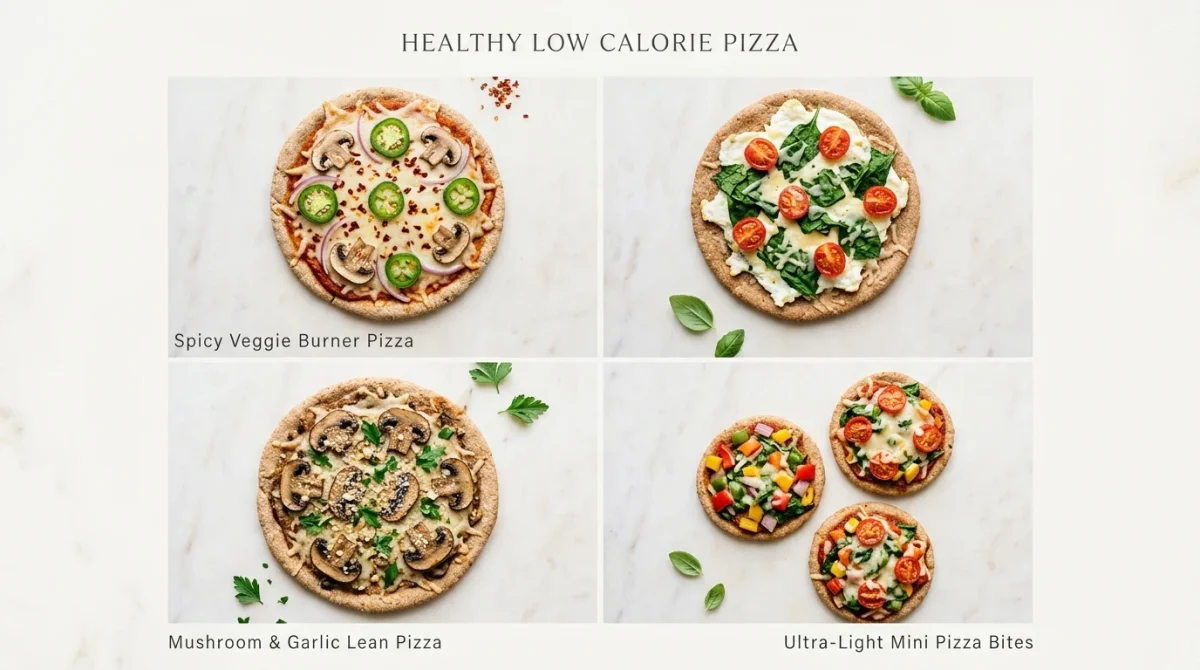 Four healthy low calorie pizza varieties displayed in a grid layout: Spicy Veggie Burner Pizza with jalapeños and mushrooms, a white spinach and cherry tomato pizza, Mushroom and Garlic Lean Pizza, and Ultra-Light Mini Pizza Bites topped with colorful diced vegetables, all on whole wheat crusts.