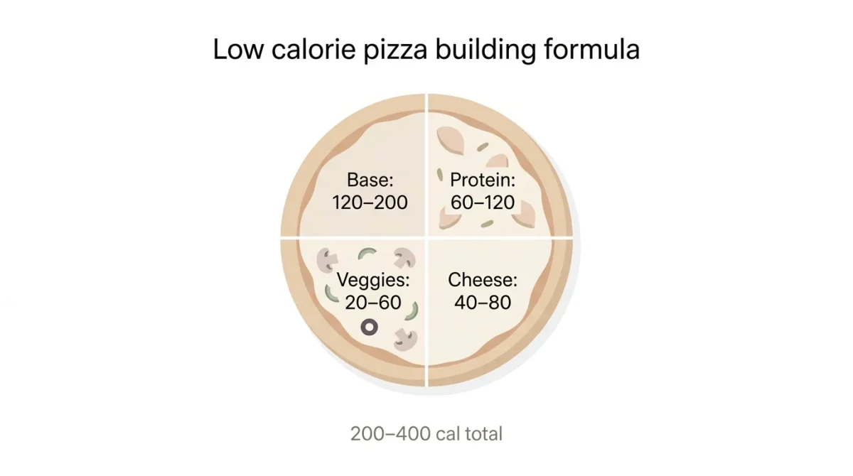 Infographic illustrating the low calorie pizza building formula, showing a pizza divided into four sections with calorie ranges: base 120–200 calories, protein 60–120 calories, veggies 20–60 calories, and cheese 40–80 calories, totaling 200–400 calories.