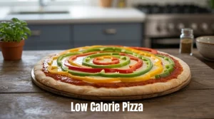 Three low calorie pizzas with thin crusts topped with fresh vegetables including spinach, cherry tomatoes, mushrooms, and herbs, displayed on a wooden pizza board and marble surface with fresh ingredients scattered around.