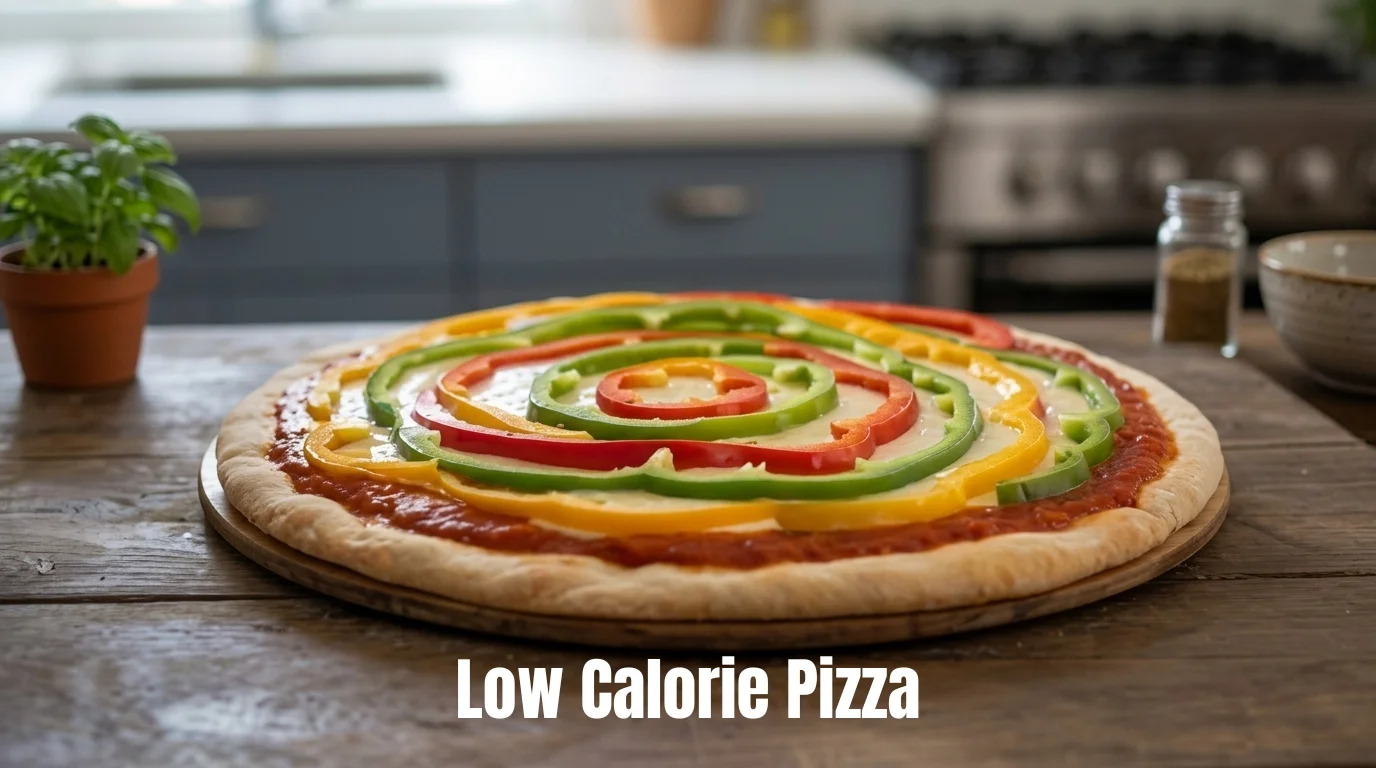 Three low calorie pizzas with thin crusts topped with fresh vegetables including spinach, cherry tomatoes, mushrooms, and herbs, displayed on a wooden pizza board and marble surface with fresh ingredients scattered around.