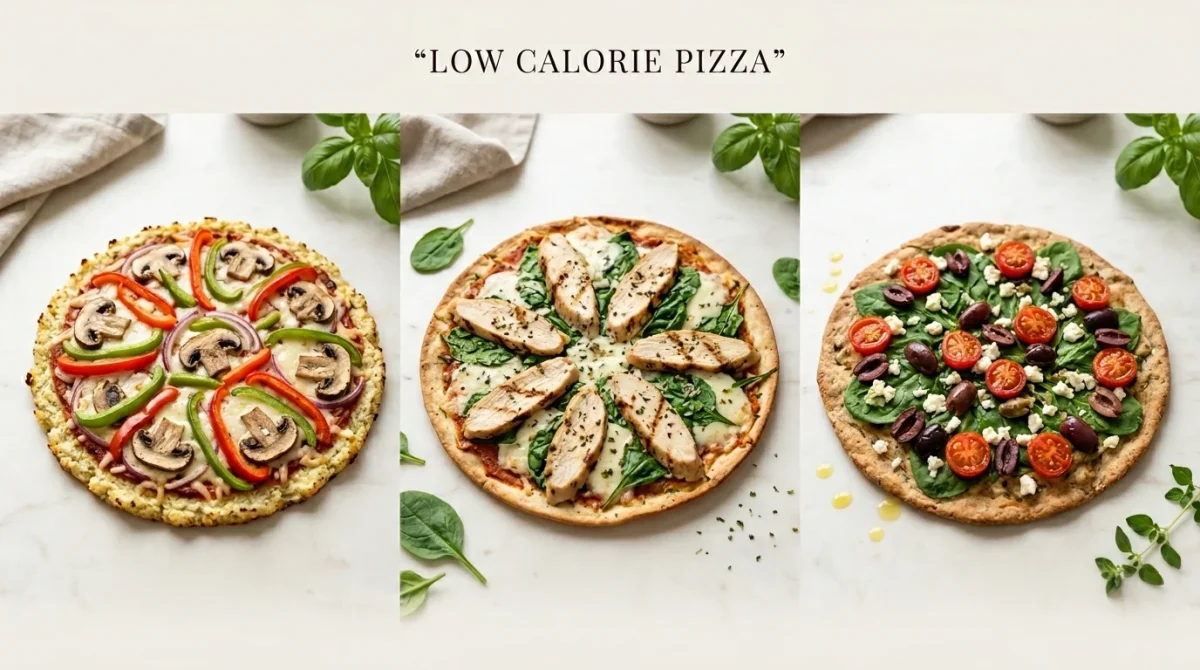 Three low calorie pizza varieties displayed side by side: a cauliflower crust veggie pizza with bell peppers, mushrooms, and red onion; a grilled chicken and spinach pizza on a whole wheat crust; and a Greek-style pizza topped with cherry tomatoes, olives, feta cheese, and spinach.