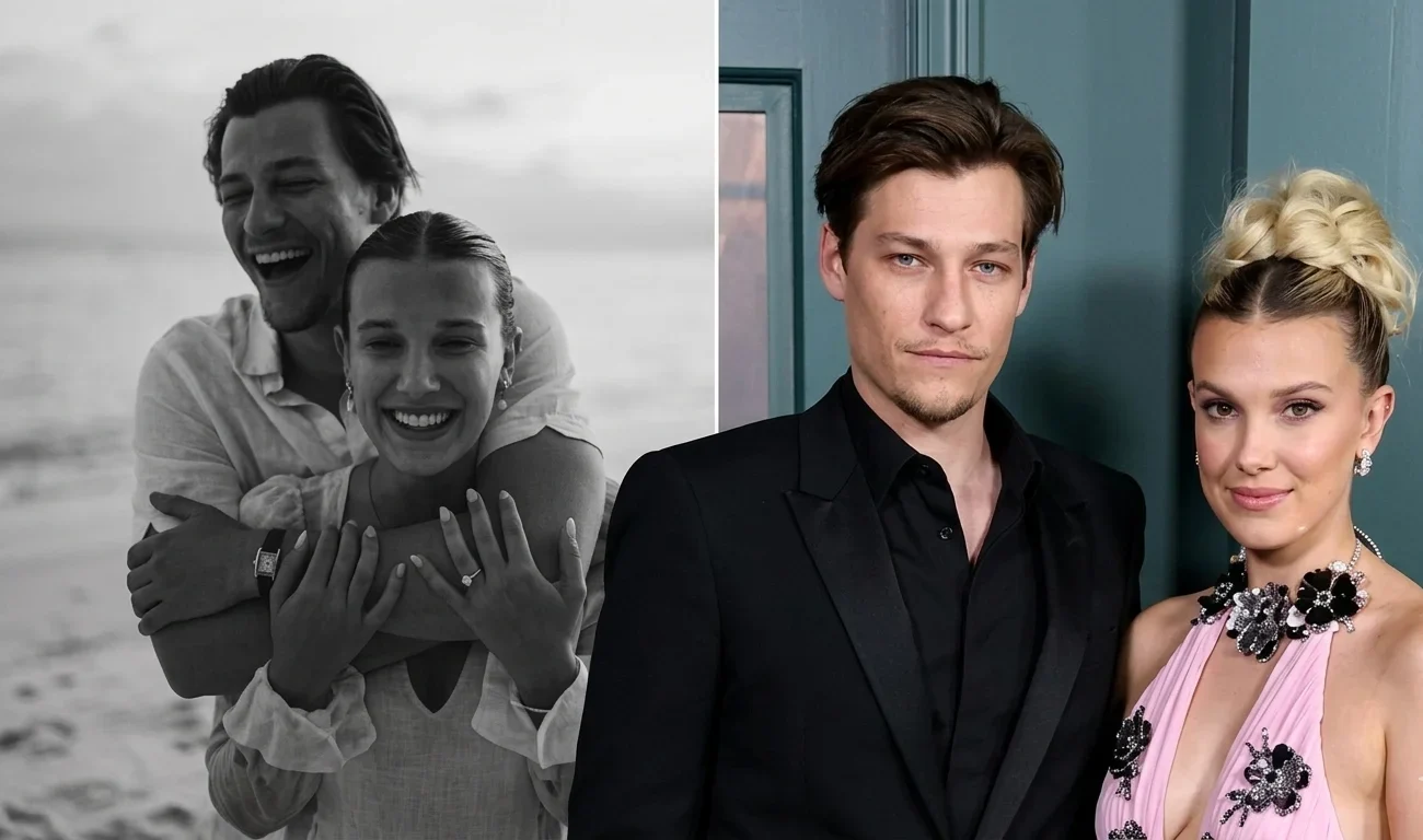 Composite image showing Millie Bobby Brown with her partner in a black and white romantic photo alongside a formal red carpet appearance, with the text "Millie Bobby Brown Divorce" overlaid.