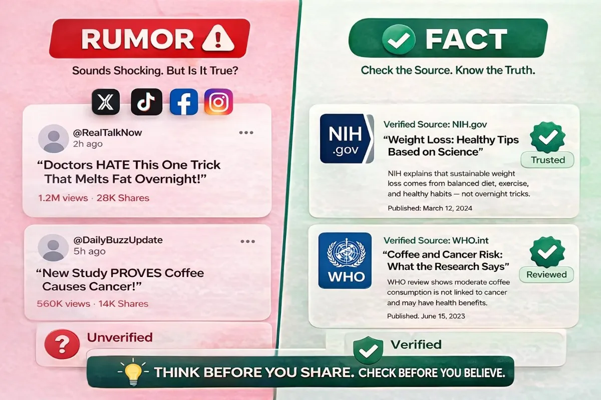Infographic comparing social media rumors versus verified facts, featuring unverified viral posts alongside trusted sources from NIH and WHO, with the message "Think Before You Share. Check Before You Believe." Millie Bobby Brown Divorce