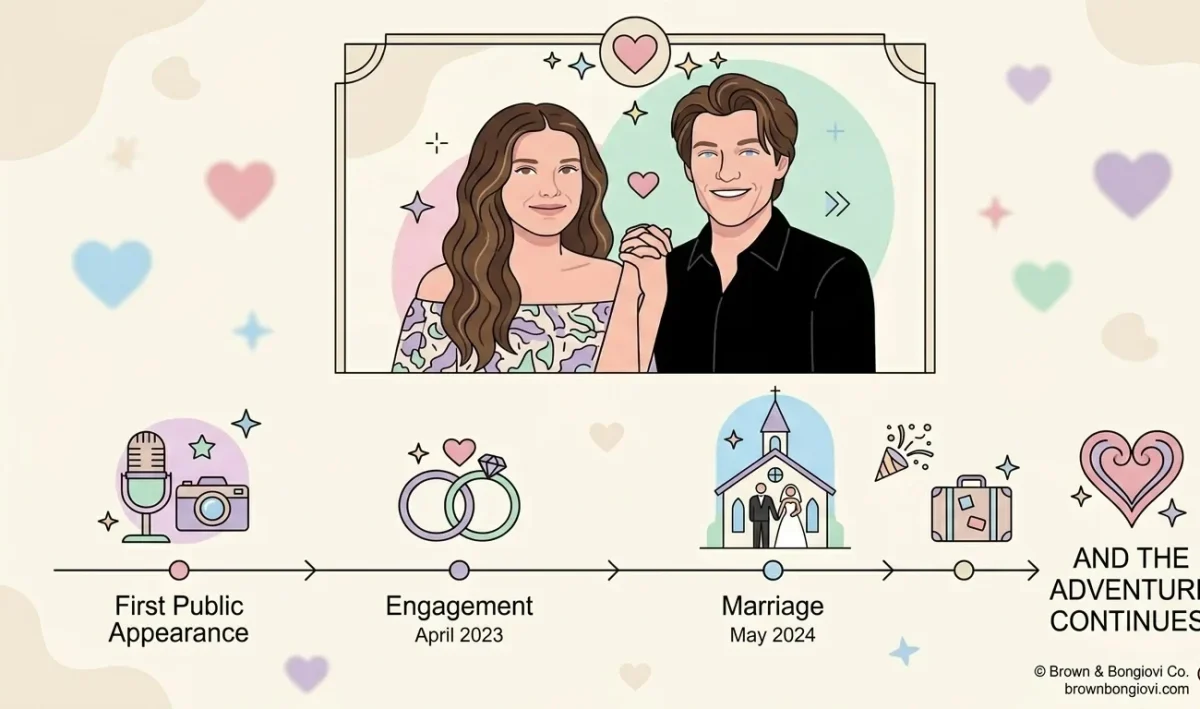 Illustrated timeline of Millie Bobby Brown divorce and Jake Bongiovi's relationship, showing milestones from their first public appearance to their engagement in April 2023 and marriage in May 2024.