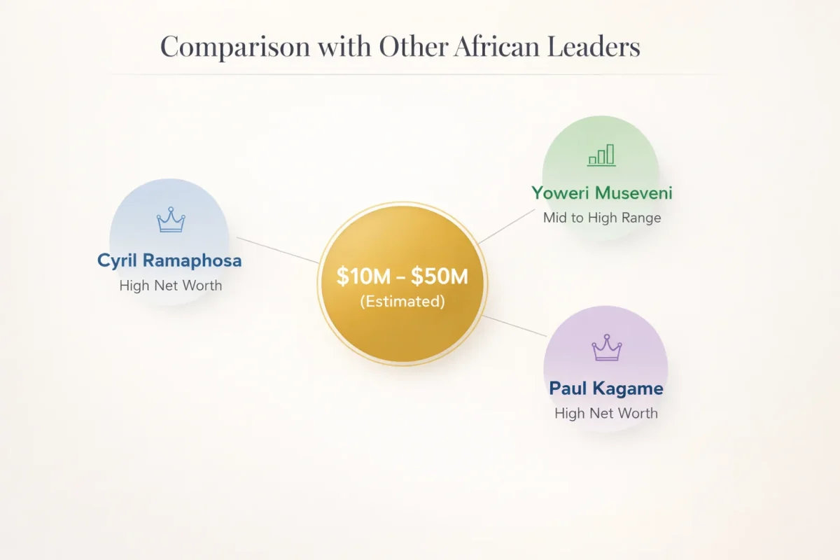 Comparative infographic showing Emmerson Mnangagwa net worth of $10M–$50M alongside Cyril Ramaphosa, Paul Kagame, and Yoweri Museveni.