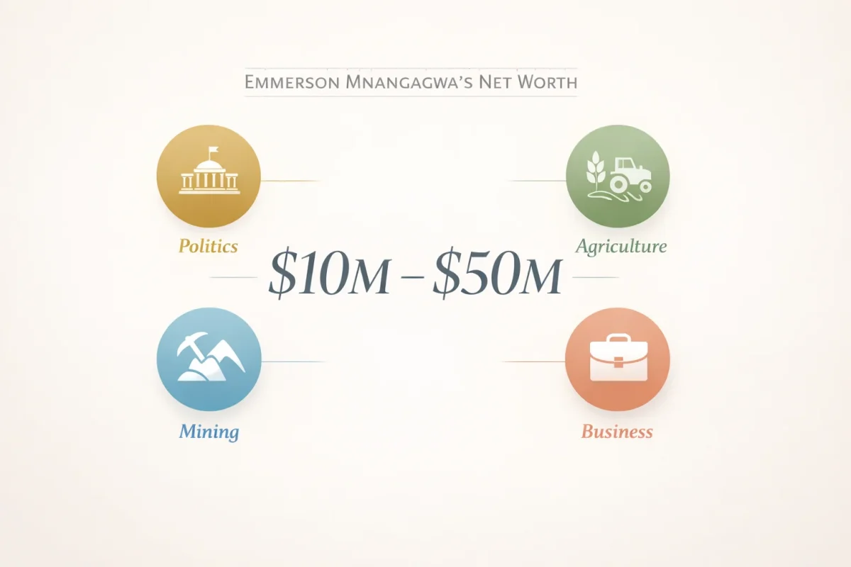 Infographic showing Emmerson Mnangagwa net worth of $10M–$50M, highlighting revenue sources in Politics, Agriculture, Mining, and Business.