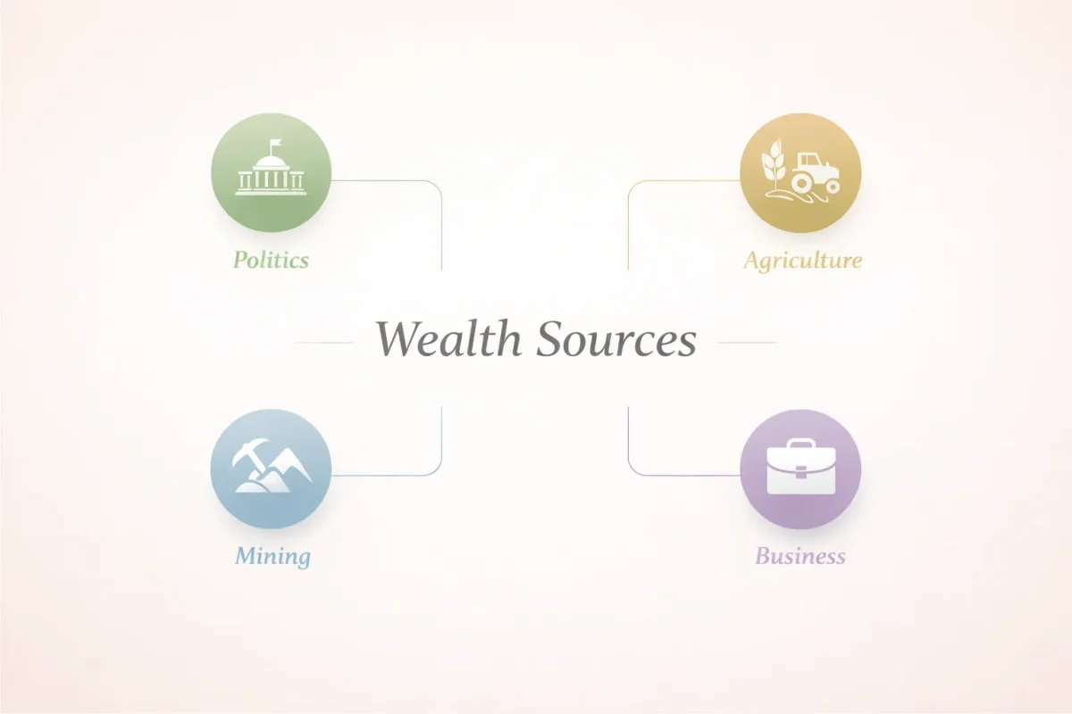 Infographic titled "Wealth Sources" for Emmerson Mnangagwa net worth, featuring icons for Politics, Agriculture, Mining, and Business against a neutral background.