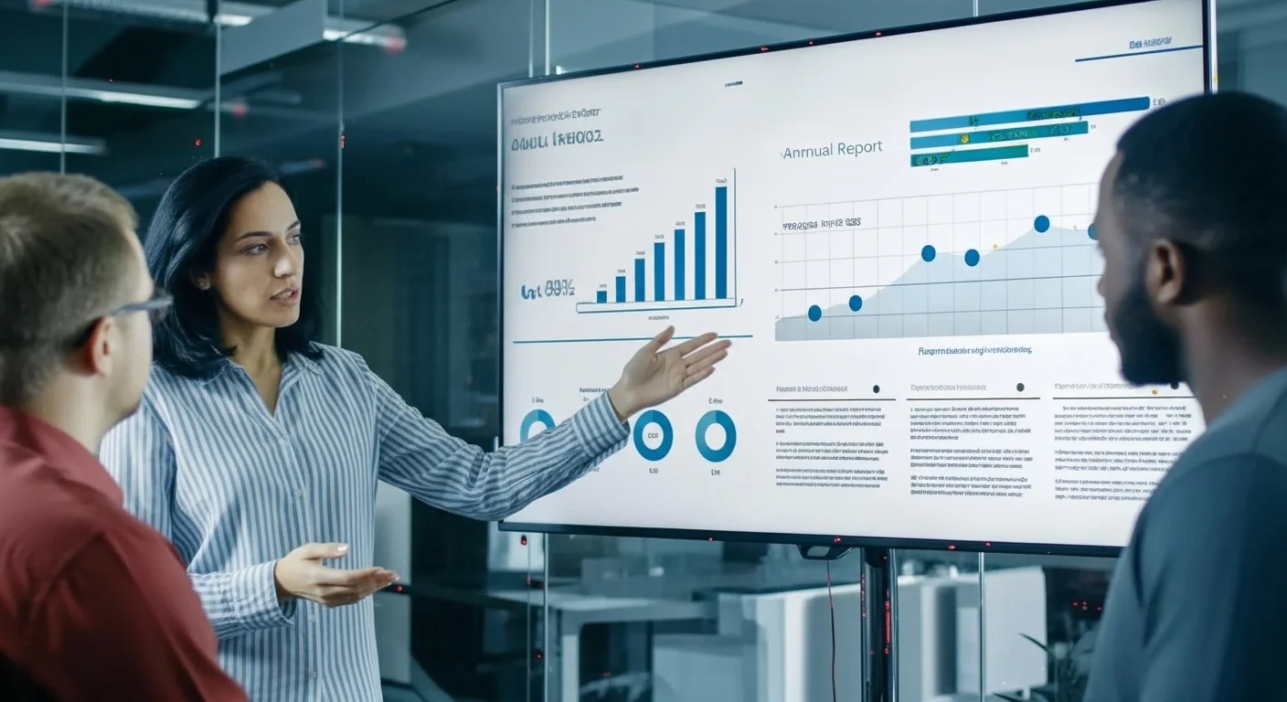 A businesswoman presenting an annual report dashboard with bar charts, bubble graphs, and donut charts on a large screen to two colleagues in a modern office setting, representing data analytics and business Shopnaclo reporting.