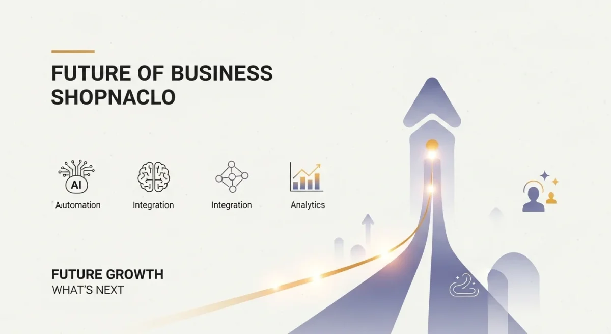 Futuristic infographic titled "Future of Business Shopnaclo" featuring a rocket launch visual with four upcoming growth pillars: AI Automation, Integration, and Advanced Analytics, representing the platform's future growth roadmap.