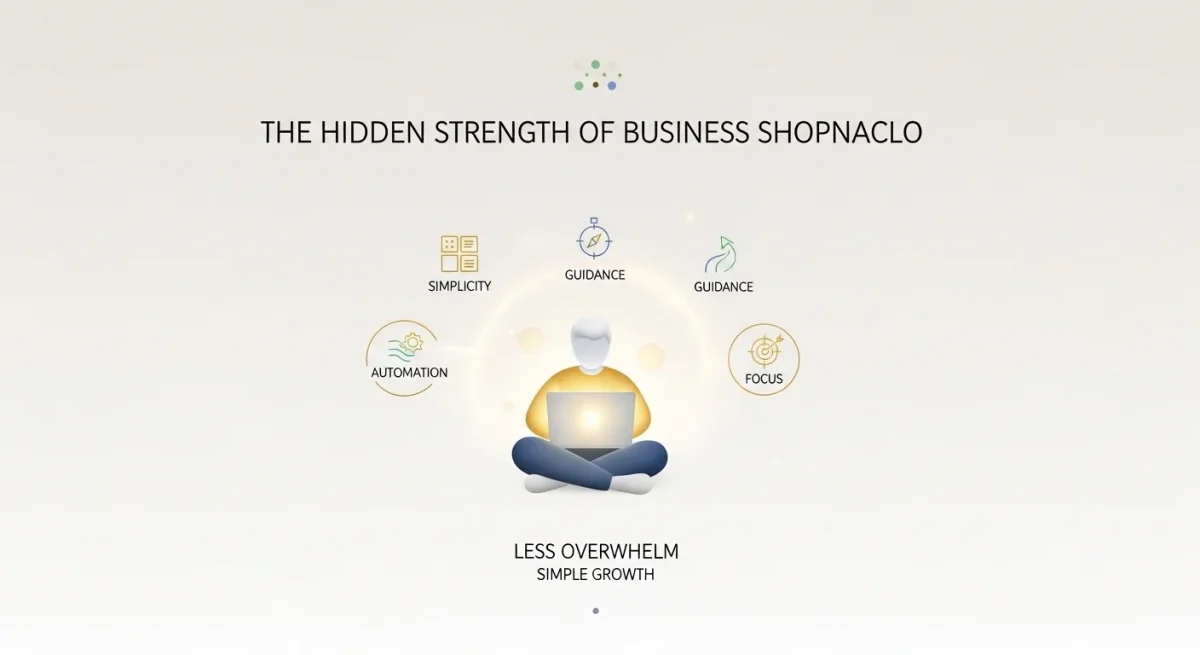 Infographic titled "The Hidden Strength of Business Shopnaclo" featuring a central illustrated figure working on a laptop surrounded by five core strengths: Simplicity, Guidance, Automation, Focus, and Less Overwhelm for Simple Growth.