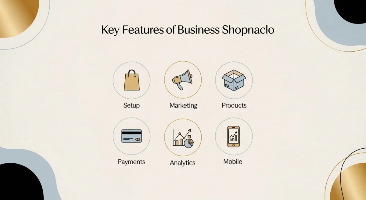 Infographic displaying the six key features of Business Shopnaclo, illustrated with circular icons representing Setup, Marketing, Products, Payments, Analytics, and Mobile capabilities on a cream and gold background.