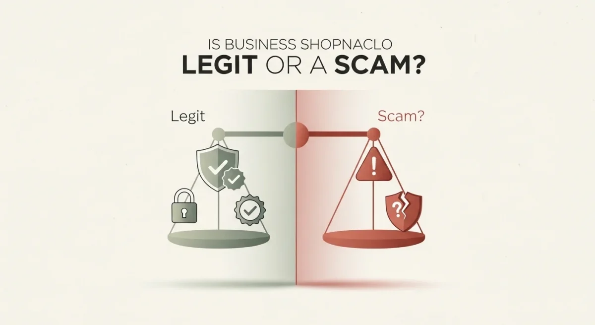 Infographic posing the question "Is Business Shopnaclo Legit or a Scam?" featuring a balanced scale visual with security shields, a padlock, and verification checkmarks on the legitimate side, versus warning symbols and a broken shield on the scam side.