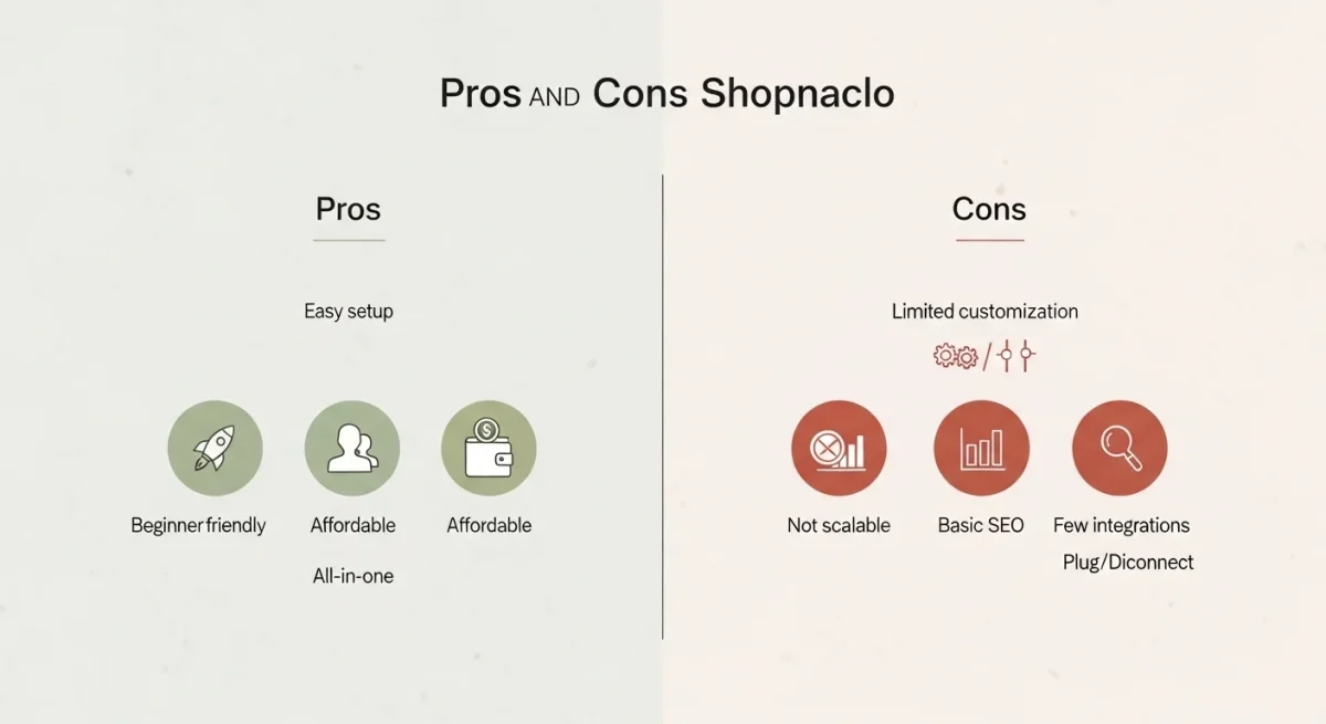 Infographic comparing the pros and cons of Business Shopnaclo, with pros including easy setup, beginner friendly, affordable, and all-in-one features, and cons including limited customization, not scalable, basic SEO, and few integrations.