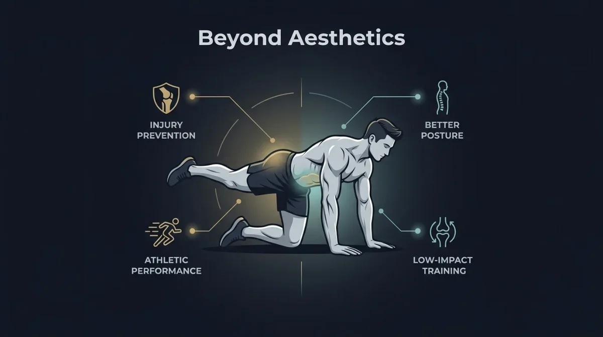 Infographic titled "Beyond Aesthetics" showing a muscular figure performing the fire hydrant exercise with four functional benefits highlighted: injury prevention, better posture, athletic performance, and low-impact training.