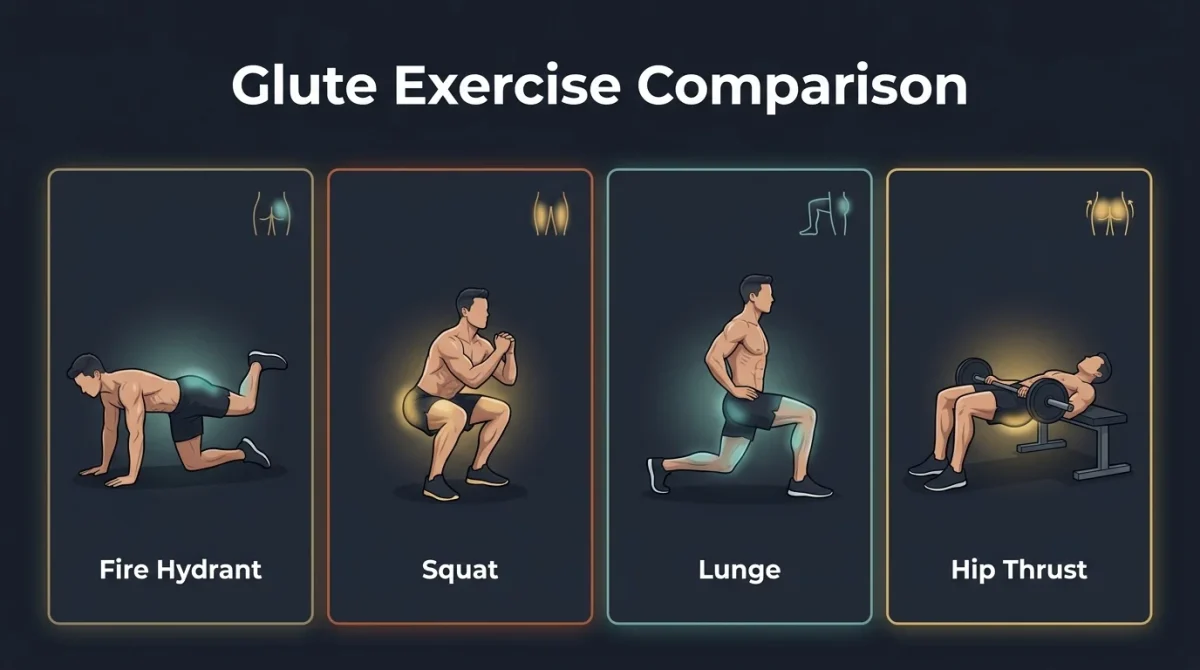 Glute exercise comparison infographic illustrating four exercises side by side: the fire hydrant exercise, squat, lunge, and hip thrust, each with an illustrated figure demonstrating proper form and a glute activation icon at the top of each card.