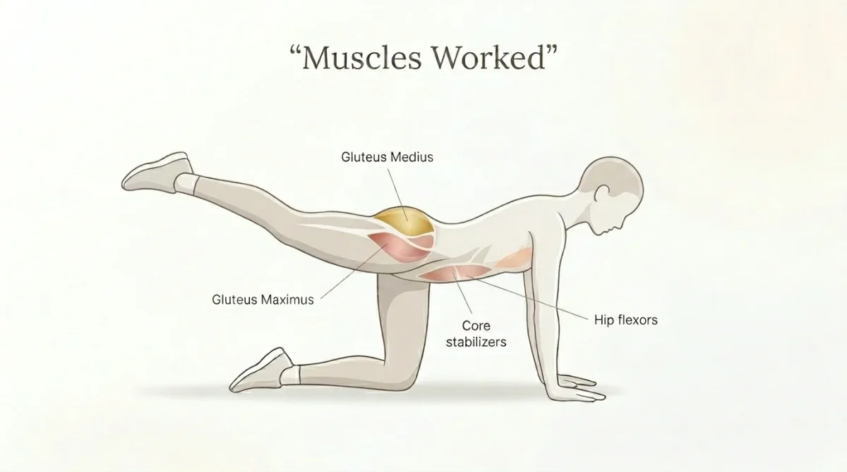 Anatomical illustration of the fire hydrant exercise showing muscles worked, including the gluteus medius, gluteus maximus, core stabilizers, and hip flexors, with a figure in the quadruped position extending one leg laterally.