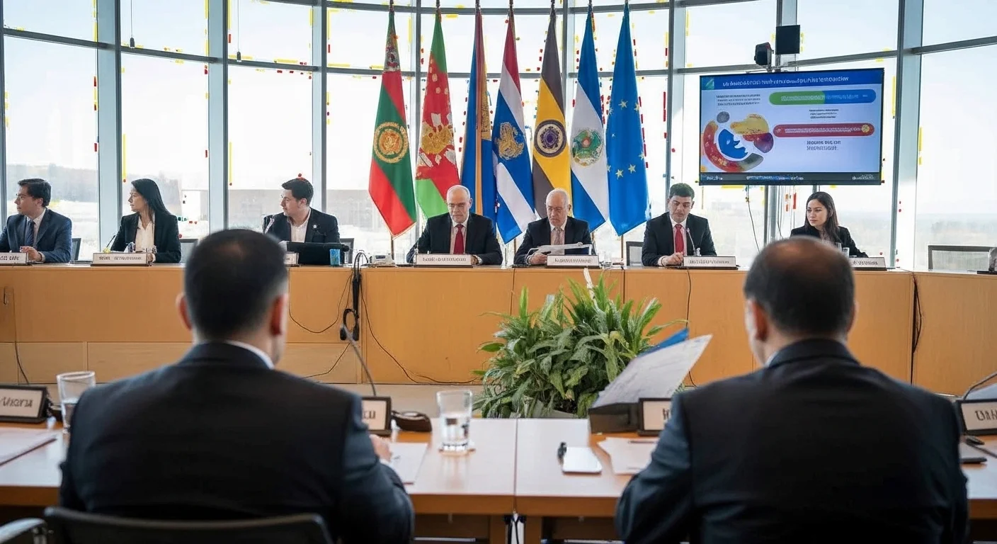 Government officials and delegates seated at a curved conference table during a formal National Finance Commission meeting, with multiple national and international flags displayed in the background and a presentation screen showing financial data.