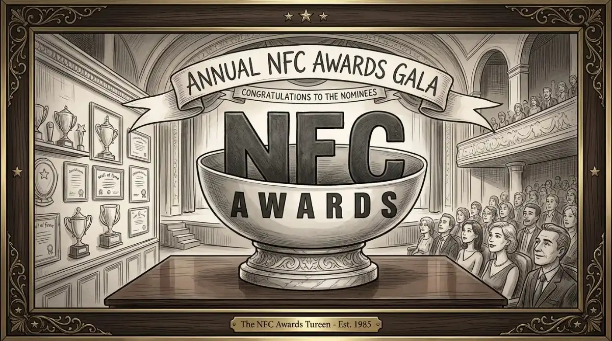 Vintage-style illustrated poster for the Annual NFC Awards Gala featuring a large ceremonial trophy bowl engraved with "National Finance Comission Awards" on a stage, surrounded by trophies, certificates, and an audience in a grand hall, with a banner reading "Congratulations to the Nominees" and a plaque noting "The NFC Awards Tureen — Est. 1985."