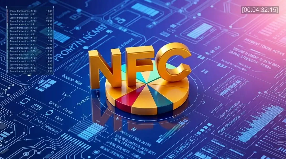 Futuristic 3D visualization of bold gold "NFC" letters standing on a colorful pie chart, surrounded by a digital blue circuit board background displaying secure transaction logs, payment tokens, signal strength data, and financial analytics dashboards representing the National Finance Commission revenue distribution framework.