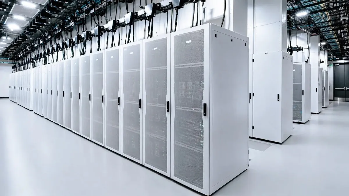 Rows of large white server racks stretching across a vast, brightly lit modern data center facility with overhead cable management systems, representing the infrastructure powered by high-performance GPUs. Nvidia vs AMD Chip Sales