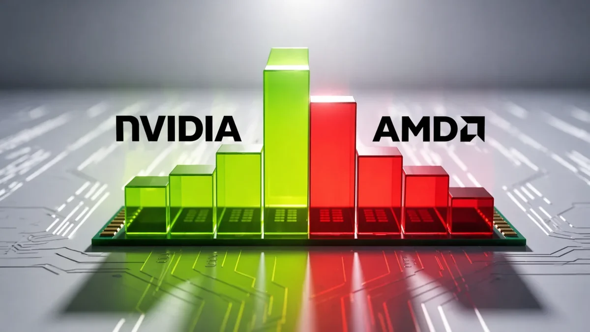 3D bar chart comparison graphic showing Nvidia vs AMD chip sales performance, with Nvidia represented by rising green bars and AMD by declining red bars on a circuit board background.