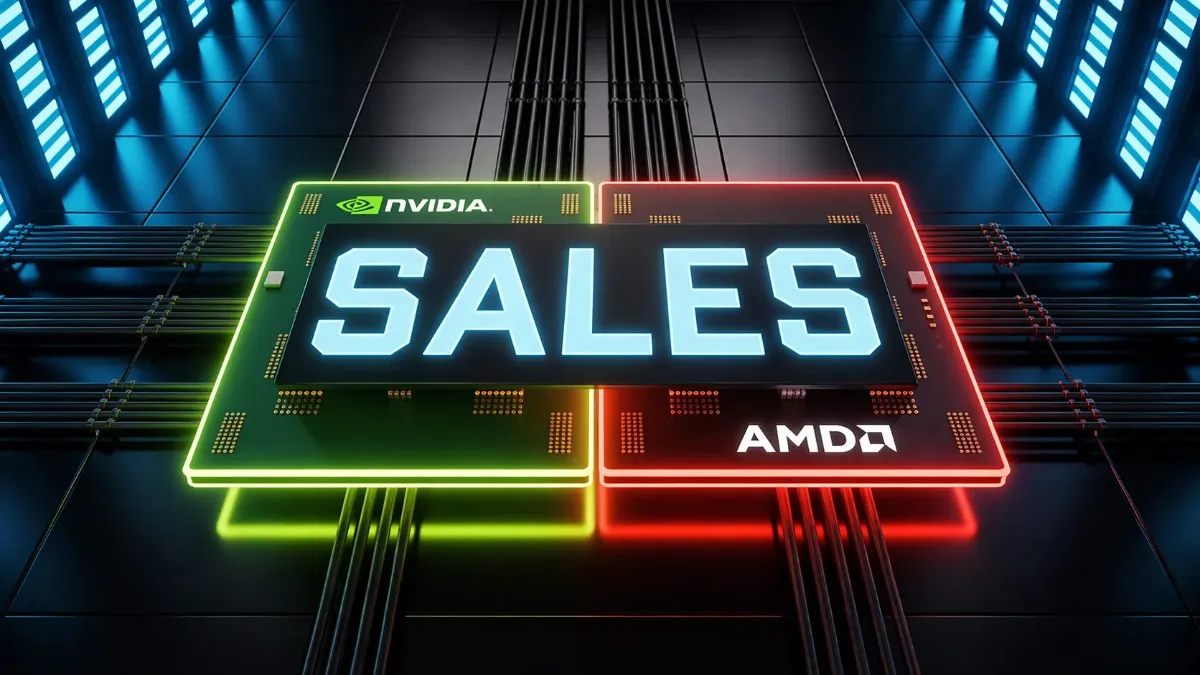 Dramatic 3D render of two overlapping semiconductor chips side by side — Nvidia outlined in green and AMD outlined in red — with the word "SALES" illuminated in glowing blue text in a futuristic data center setting. Nvidia vs AMD Chip Sales