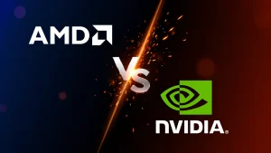 Dramatic confrontation graphic featuring the AMD logo on a blue background facing the Nvidia green eye logo on a dark red background, separated by a fiery spark explosion and a bold metallic "VS" in the center. Nvidia vs AMD Chip Sales