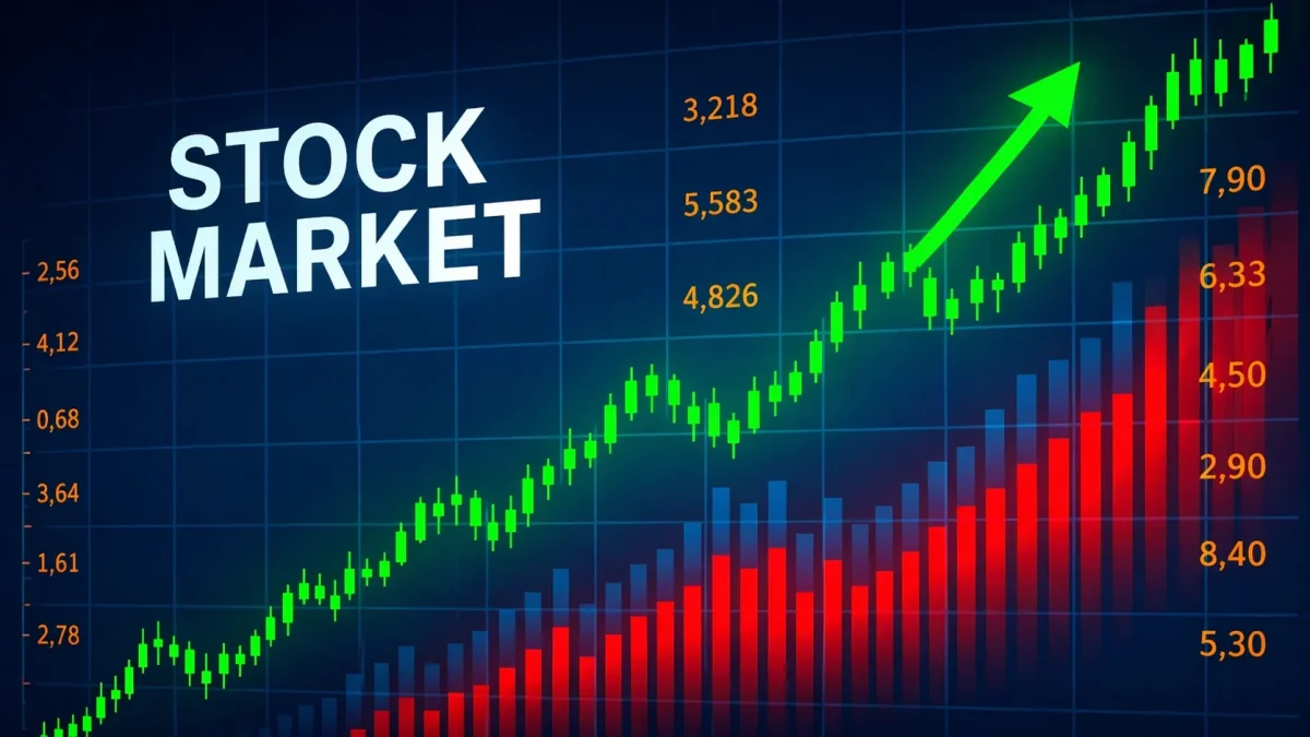 Dynamic stock market chart graphic featuring green candlestick patterns, a bold upward green arrow, and red and blue volume bars against a dark blue grid background with the text "Stock Market" prominently displayed. Nvidia vs AMD Chip Sales