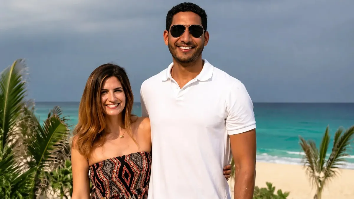 A smiling brunette woman Kaitlan Collins Married in a patterned strapless dress standing beside a tall man wearing sunglasses and a white polo shirt, posing together in front of a stunning turquoise beach with palm trees in the background.