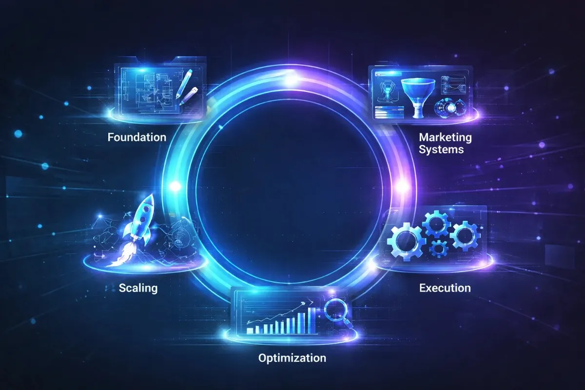 A glowing blue digital infographic by Pedro Vaz Paulo showing the five stages of business growth: Foundation, Marketing Systems, Execution, Optimization, and Scaling.