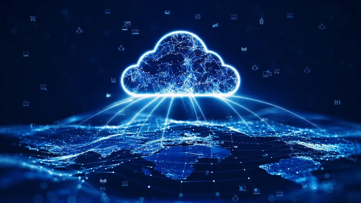 Google stock themed futuristic cloud computing illustration showing a glowing digital cloud connected to a global network map with data nodes and AI technology lines.