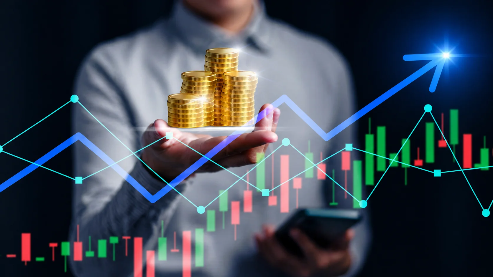 Hand holding glowing gold coins with upward trending stock market charts and candlestick graphs, representing Google stock investment growth and financial success.