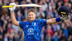 An action shot of Joe Root batting in his England whites, symbolizing the performance-driven growth of the Joe Root net worth through central contracts and global leagues.