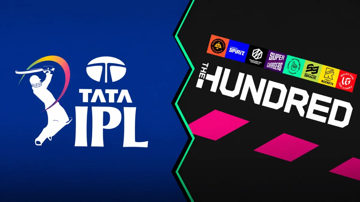 A split graphic comparing the TATA IPL and The Hundred logos, illustrating the diverse league contracts that impact the Joe Root net worth in 2026.