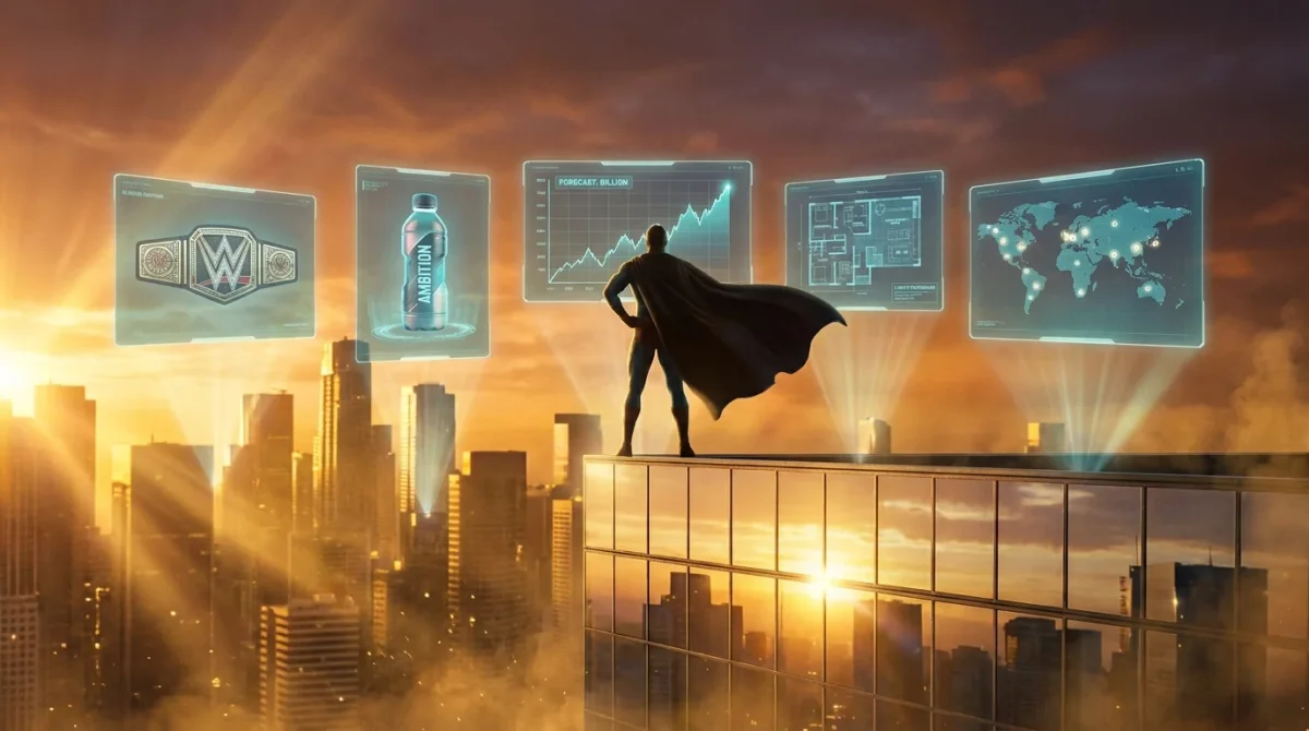 A caped superhero-businessman silhouette standing on a rooftop overlooking a golden city skyline at sunset, surrounded by five holographic screens displaying a WWE championship belt, an Ambition drink bottle, a billion-dollar forecast growth chart, real estate blueprints, and a global world map — representing the diverse empire driving Logan Paul net worth to extraordinary heights.