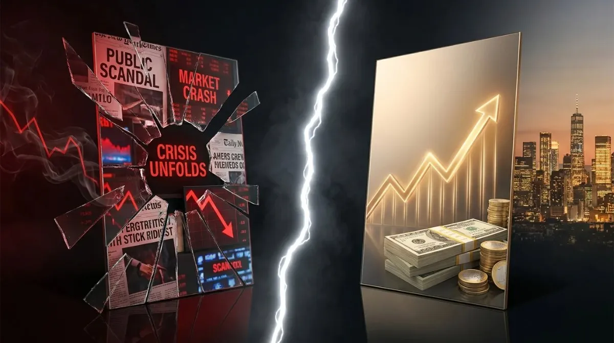 A dramatic split visual contrasting a shattered screen showing headlines of public scandal, market crash, and crisis unfolding on the left versus a glowing gold upward growth chart with stacked cash and coins against a city skyline on the right — illustrating the financial resilience behind Logan Paul net worth despite public controversies.